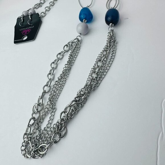 Paparazzi Blue & Silver Multi-Bead Long Necklace Set w/ Matching Gray Earrings - Picture 5 of 5